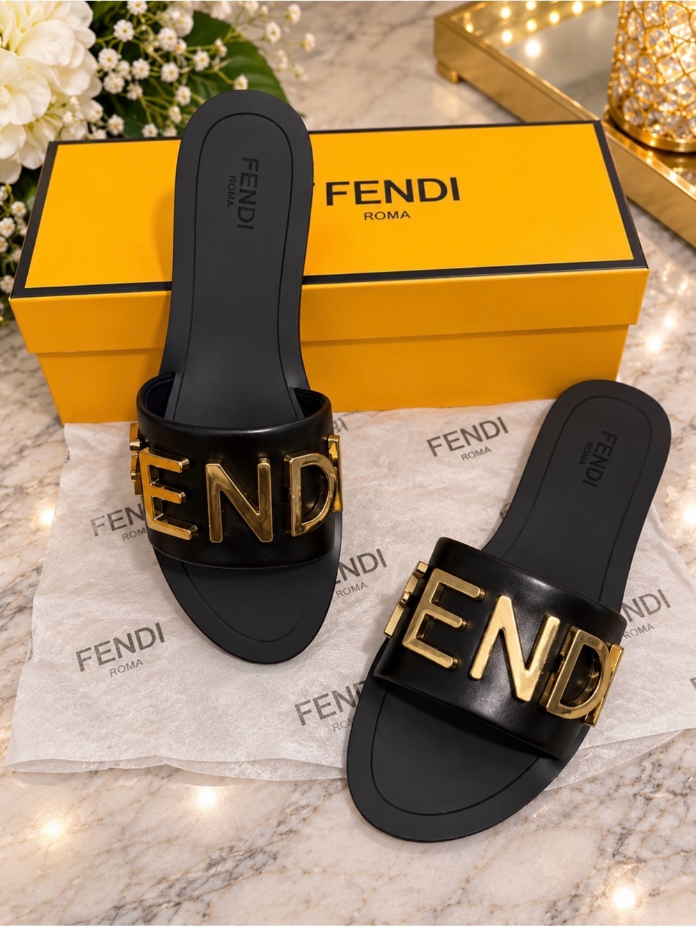 Fendi Black Leather Slide Sandals with Gold Logo Hardware